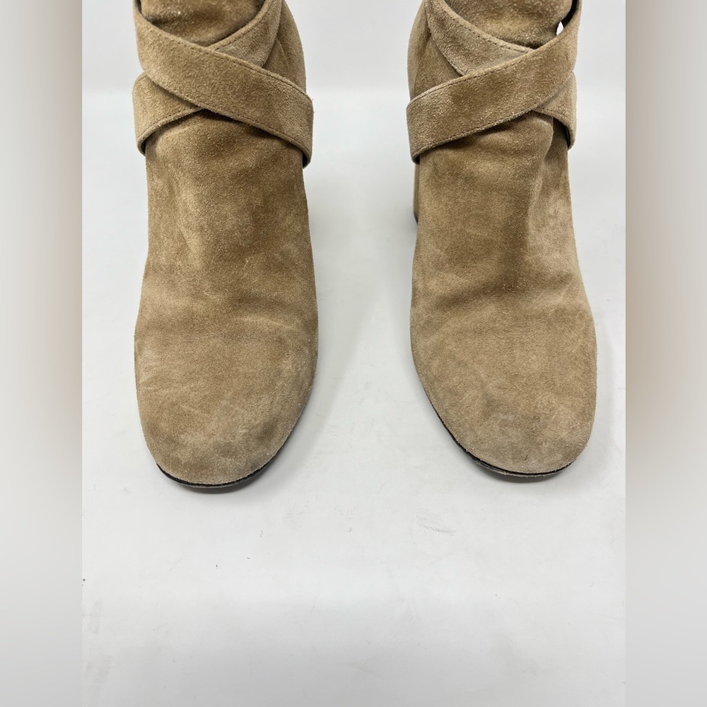 Saint Laurent Babies 90 Cross Ankle Boot Tan /Taupe Suede Block Heel YSL logo 37 - Picture 3 of 10